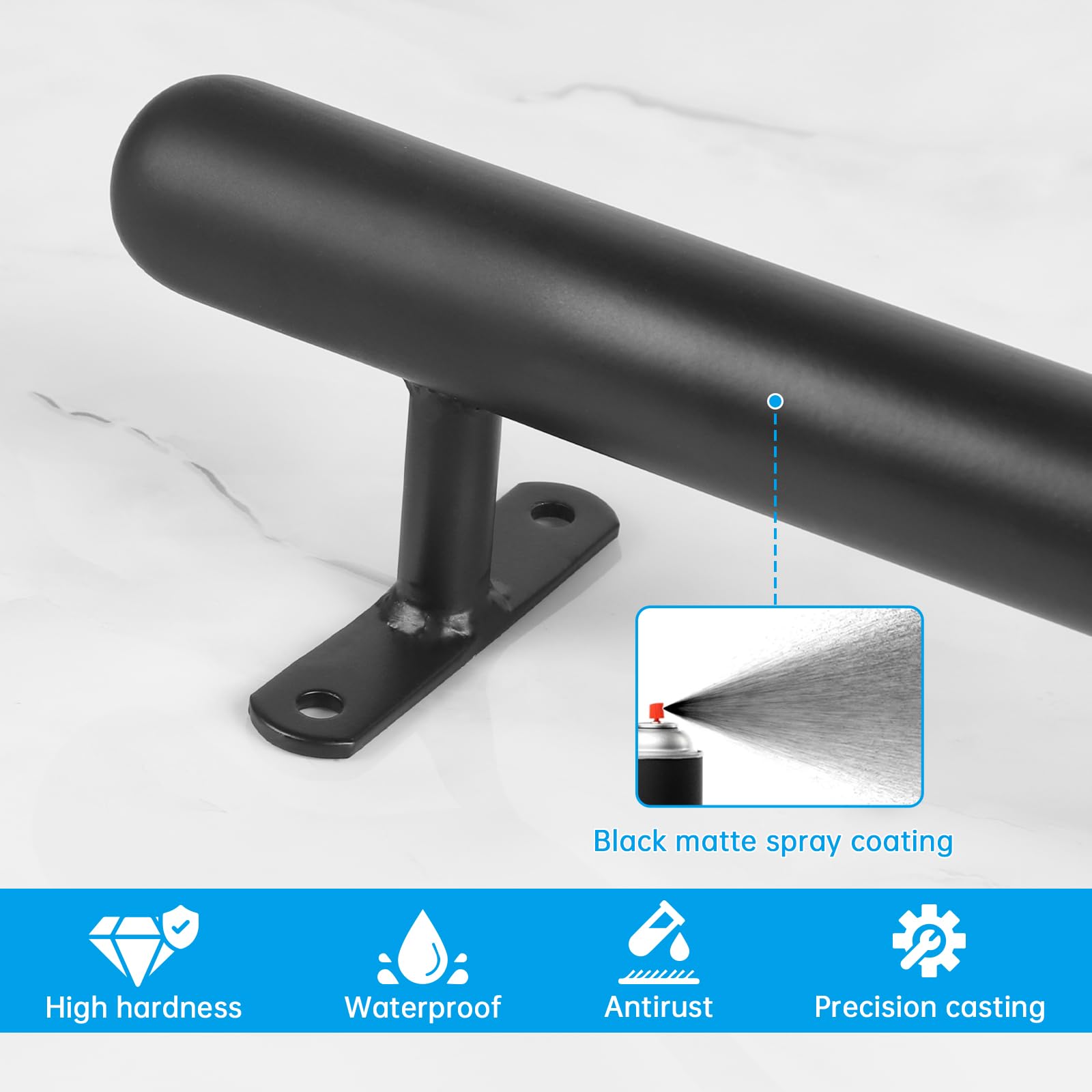 Pasamanos negro con recubrimiento en polvo 41cm Barandilla metálica para interior/exterior Ø32mm – Asidero de seguridad para garaje, sótano, terraza, escaleras, barandillas – Interior/exterior