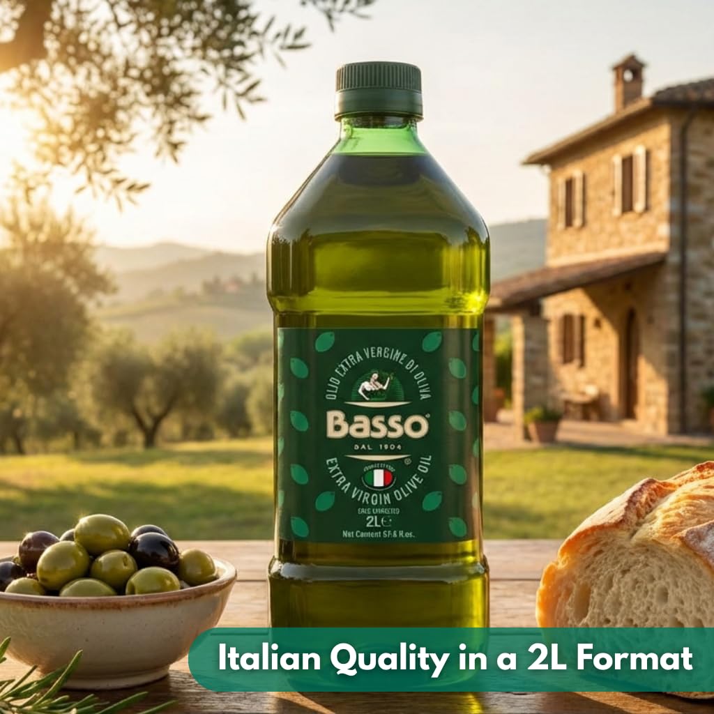 BASSO 1904 100% Italian Extra Virgin Olive Oil (EVOO), Cold-Extracted (Below 27°C), Coratina–Carolea–Ogliarola, Calabria & Puglia, 67.6 fl oz (2 Liters), Product of Italy