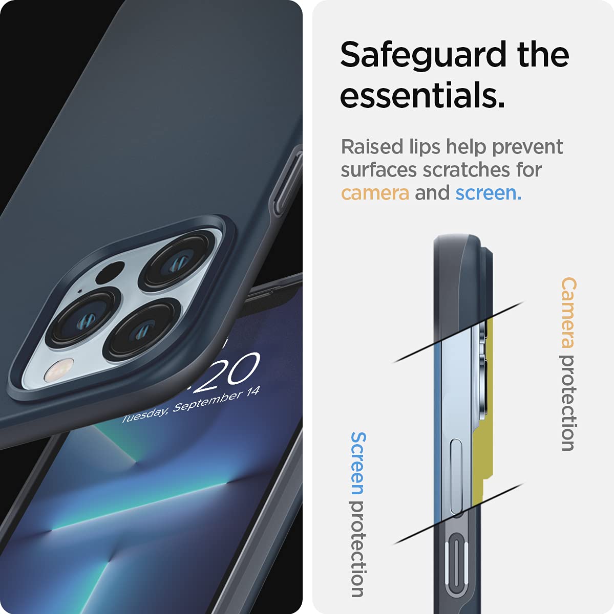 Image highlighting the raised edges of the Spigen Thin Fit case for camera and screen protection.