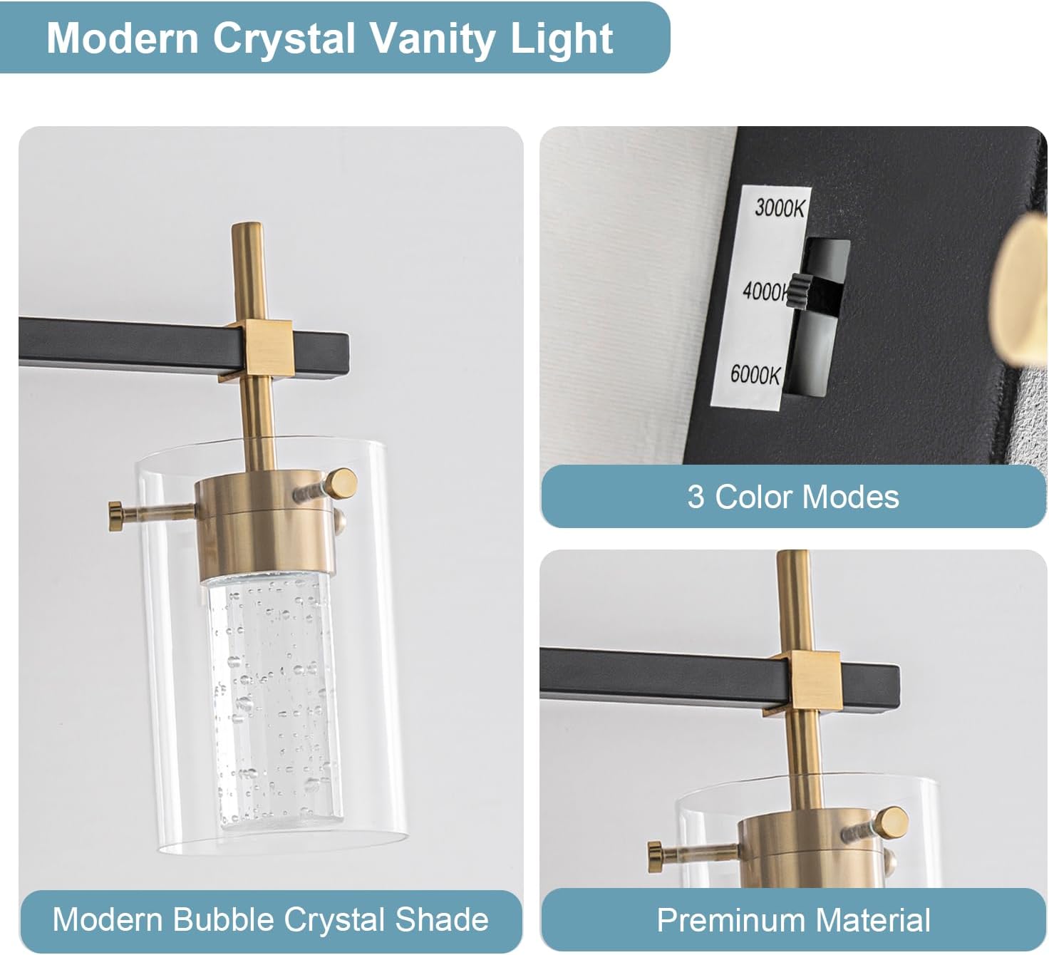 3-Light Black and Gold Vanity Light with 3 Color Modes (3000K/4000K/6000K), Eye Protection LED Bathroom Light Fixture, Dimmable Modern Wall Light Over Mirror with Clear Glass Shade