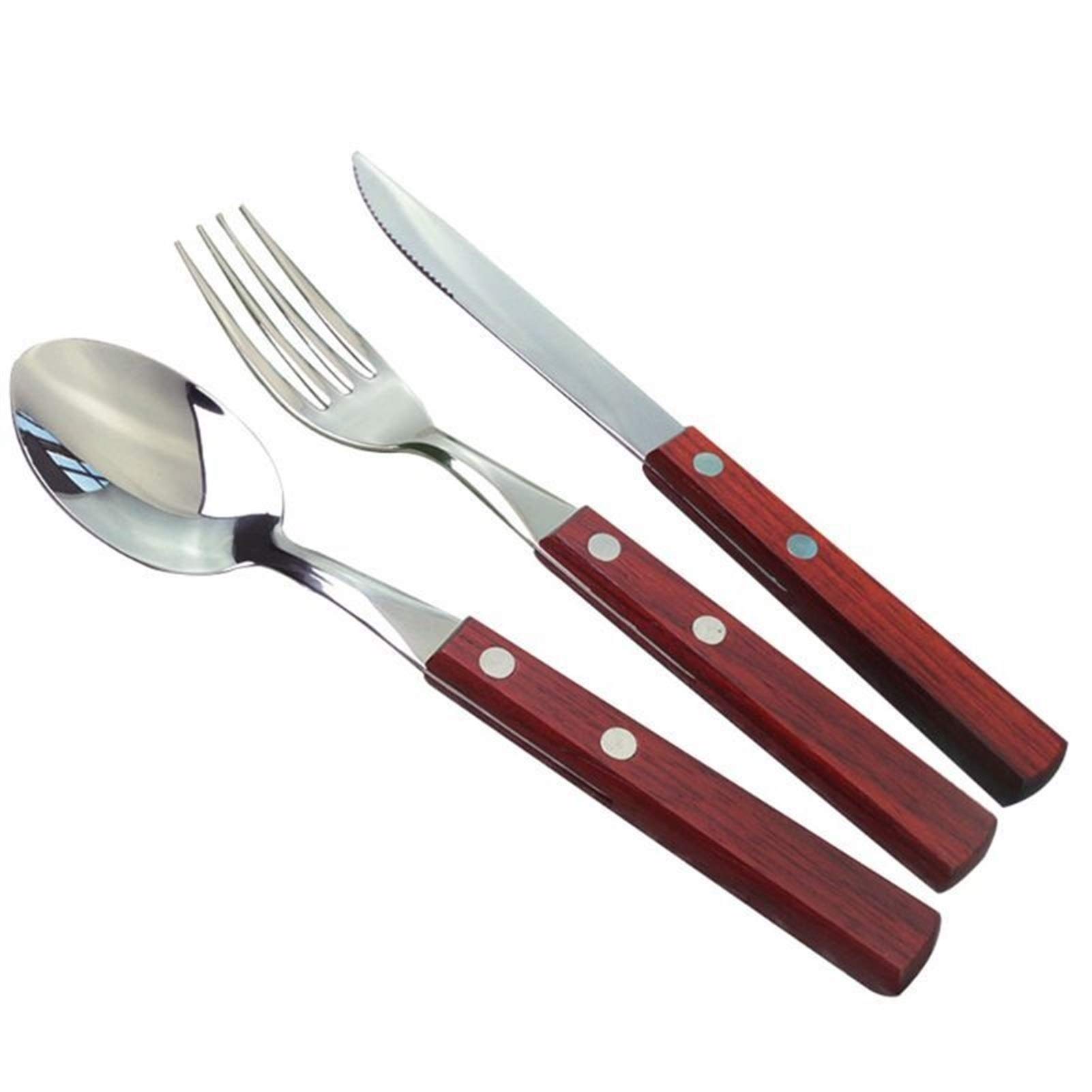 12pcs Manera de madera Cubiertos de acero inoxidable Forks Forks Spoons Knives Plandeware Set
