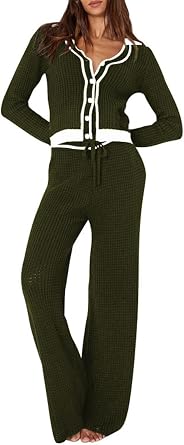 Viottiset Womens 2 Piece Outfits Sweatsuit Set Long Sleeve Button Sweatshirt Wide Leg Sweatpants Lounge Set Tracksuit