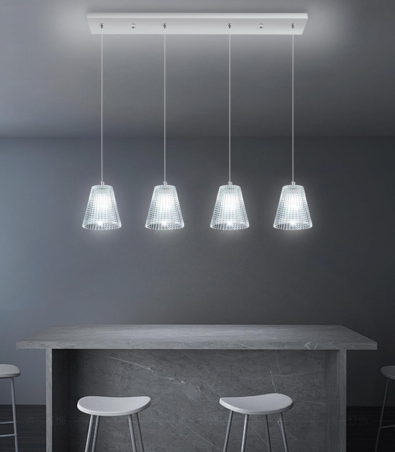 4-Light Modern LED Dimmable Chandelier Glass Rectangular Pendant Light Adjustable Height Pendant Lights Fixtures for Kitchen Island Living Room Foyer Silver