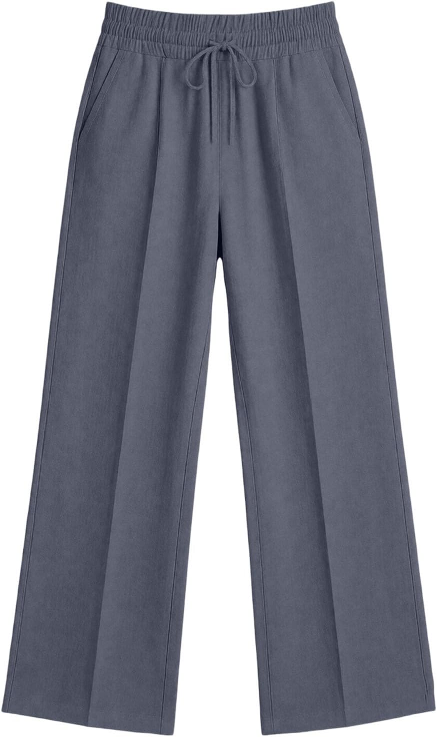 Linen Pants for Women Casual Summer Sporty Baggy Wide Leg Barrel Lounge Pants High Waisted Elastic Drawstring Trousers