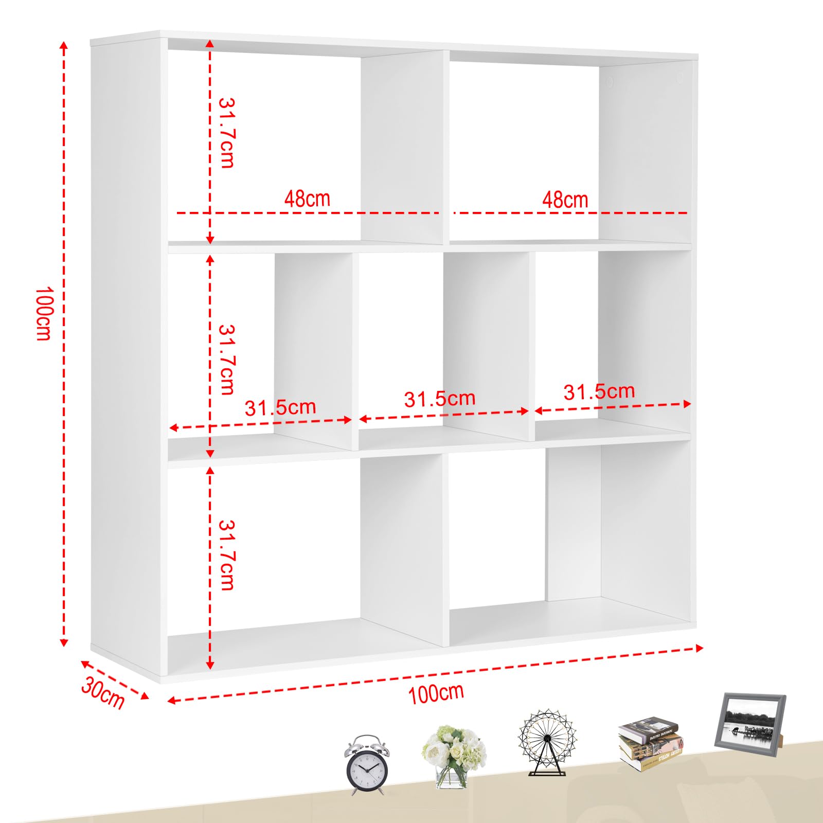 eSituro Librería de Madera, Estantería Libros de 3 Niveles | 7 Estantes Modulares de 2 Tamaños, para Salón, Oficina, Dormitorio, Estudio, Blanco, 100x100x30 cm, SBKC0042