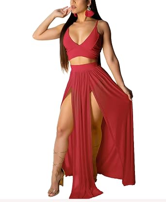 Aro Lora Womens Sexy V Neck Two-Piece Maxi Dress | Sleeveless, Slits, Chiffon, Crop Top and Long Skirt Set, Summer, Beach, Holiday, Vacation, Travel, Party, Wedding