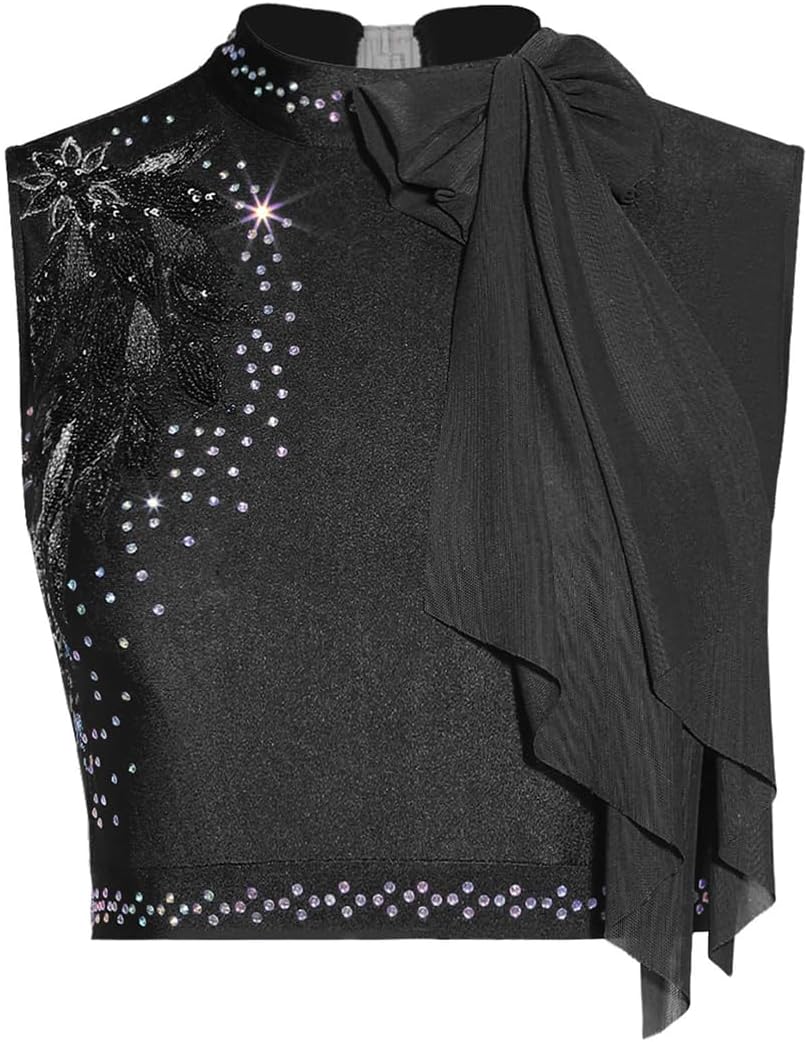 Women Ballet Dance 2 Piece Sequin Crop Top Mesh Wide Leg Pants Skating Ballet Dance Set