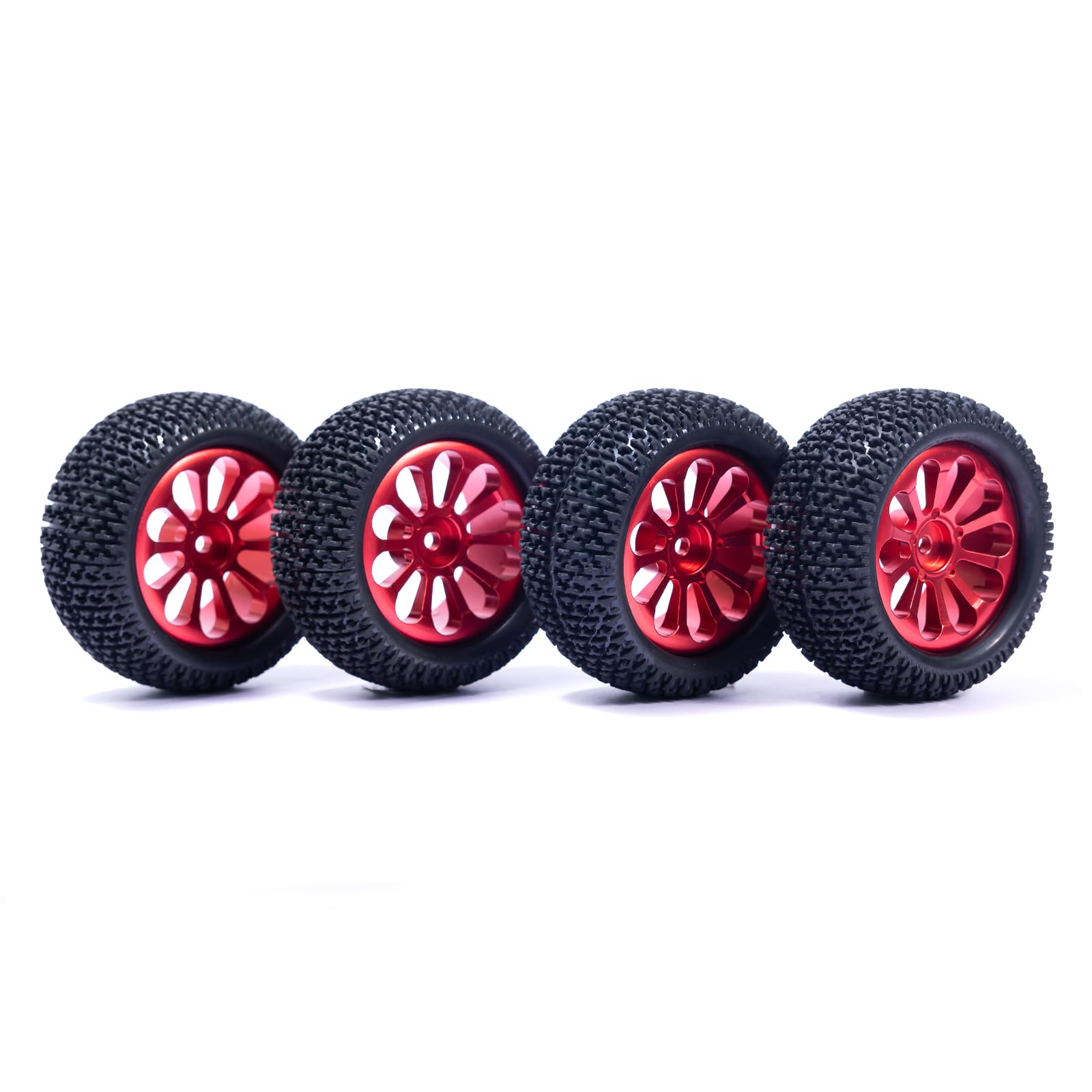 Oisunt 12mm Hex RC Metal Aluminium Wheels&Tires, 3 inch Overall Diameter, 1/10 1/14 1/16th RC Tire Set for Hyper Go/Wltoys/HAIBOXING/BEZGAR/Jetwood(Red)