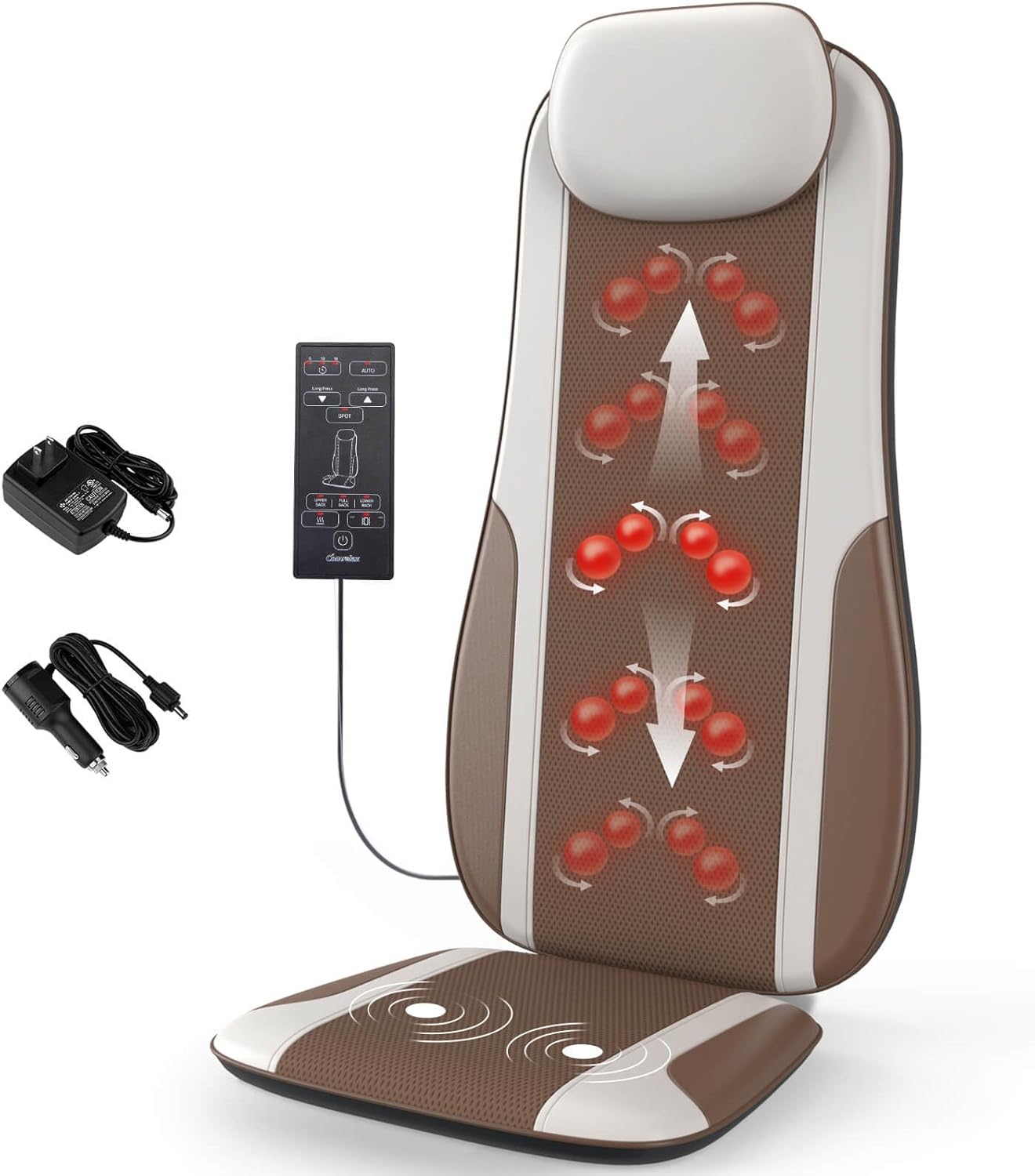 Shiatsu Back Massager with Heat, Massage Seat Cushion Pad for Stress Relief, Deep Tissue Kneading & Roller, 2 Vibration Motors, Smart Timer, PU Leather, Fit 5'1-6'0, with Home Adapter & Travel Adapter