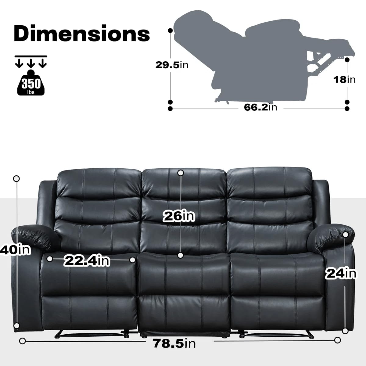 Divano Reclinabile 3 Posti in Pelle Nera con Portabicchieri – Sofà Relax Moderno con Sedili Reclinabili e Comfort Imbottito – 200 × 90 × 90 cm