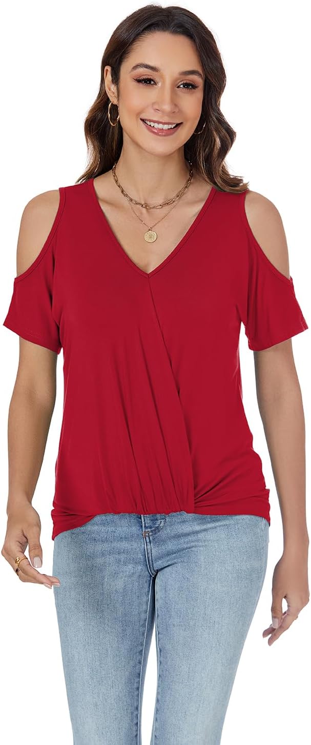 LEIYEE Womens Summer Cold Shoulder Tops Sexy Casual Short Sleeve V Neck Cute Front Knot Ruched Shirred T Shirt Blouse - Image 3