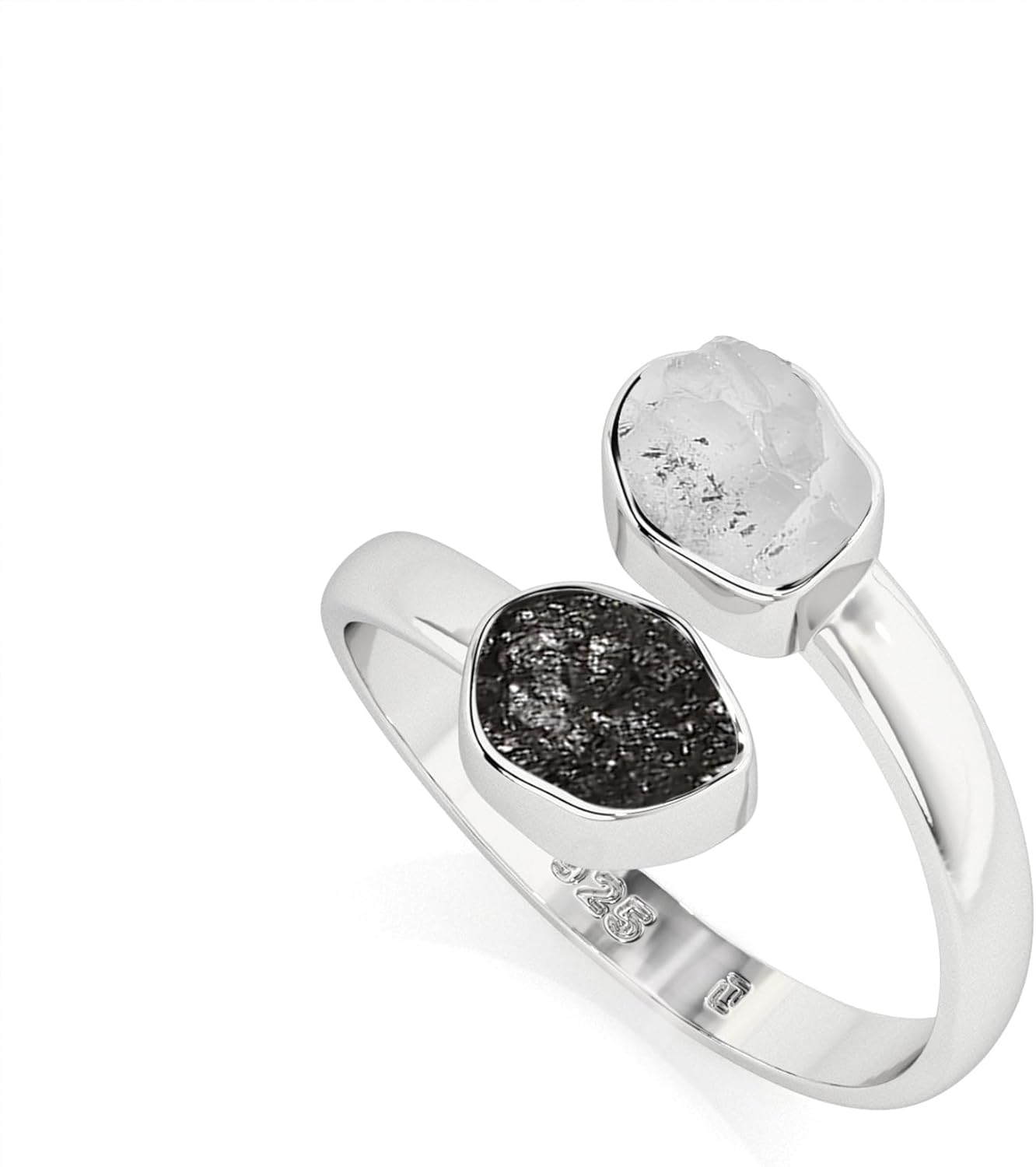 Natural Raw/Rough Black Tourmaline & Herkimer 2 Stone Size Adjustable Stackable Twister Ring for Women in Sterling Silver, April & October Birthstone Gifts for Her (Bezel-Set)