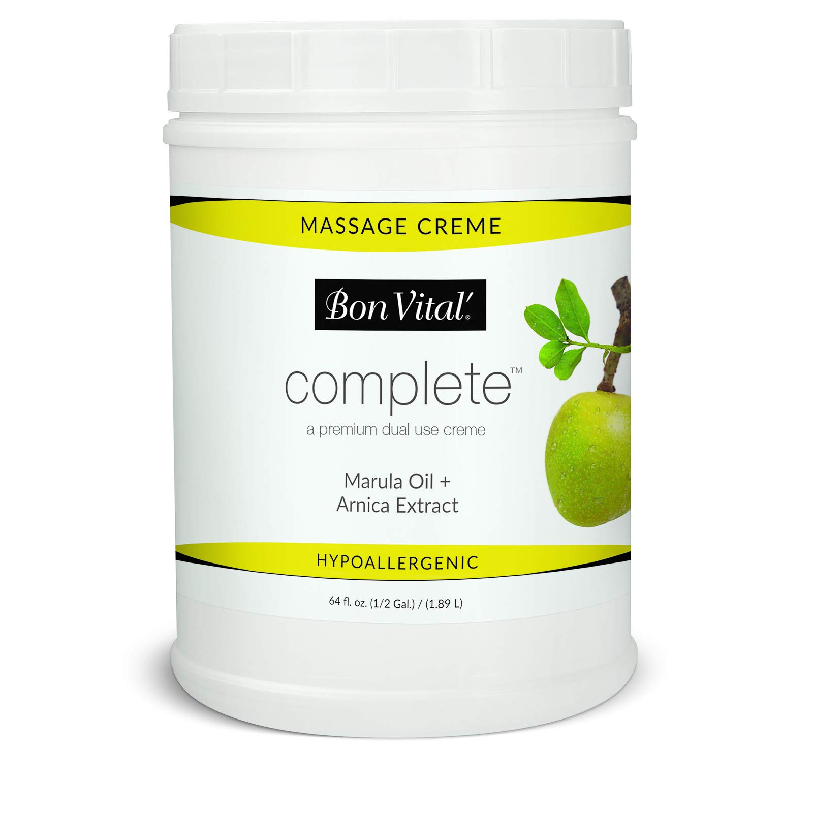 Bon Vital Complete Massage Creme, Premium Dual Purpose Cream for Hypoallergenic Professional Massages, Non Greasy Unscented Moisturizer Made with Marula, Olive, Avocado, Jojoba Oil, 1/2 Gallon