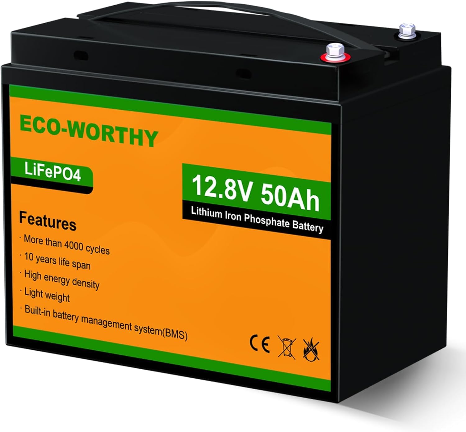 ECO-WORTHY50AH 12.8V LiFePO4 Battery Lithium Iron Phosphate with Built-in BMS & 4000-15000 Deep Cycles,Perfect for Trolling Motor, Golf Cart, Boat,Power Wheelchair, Solar Panel System