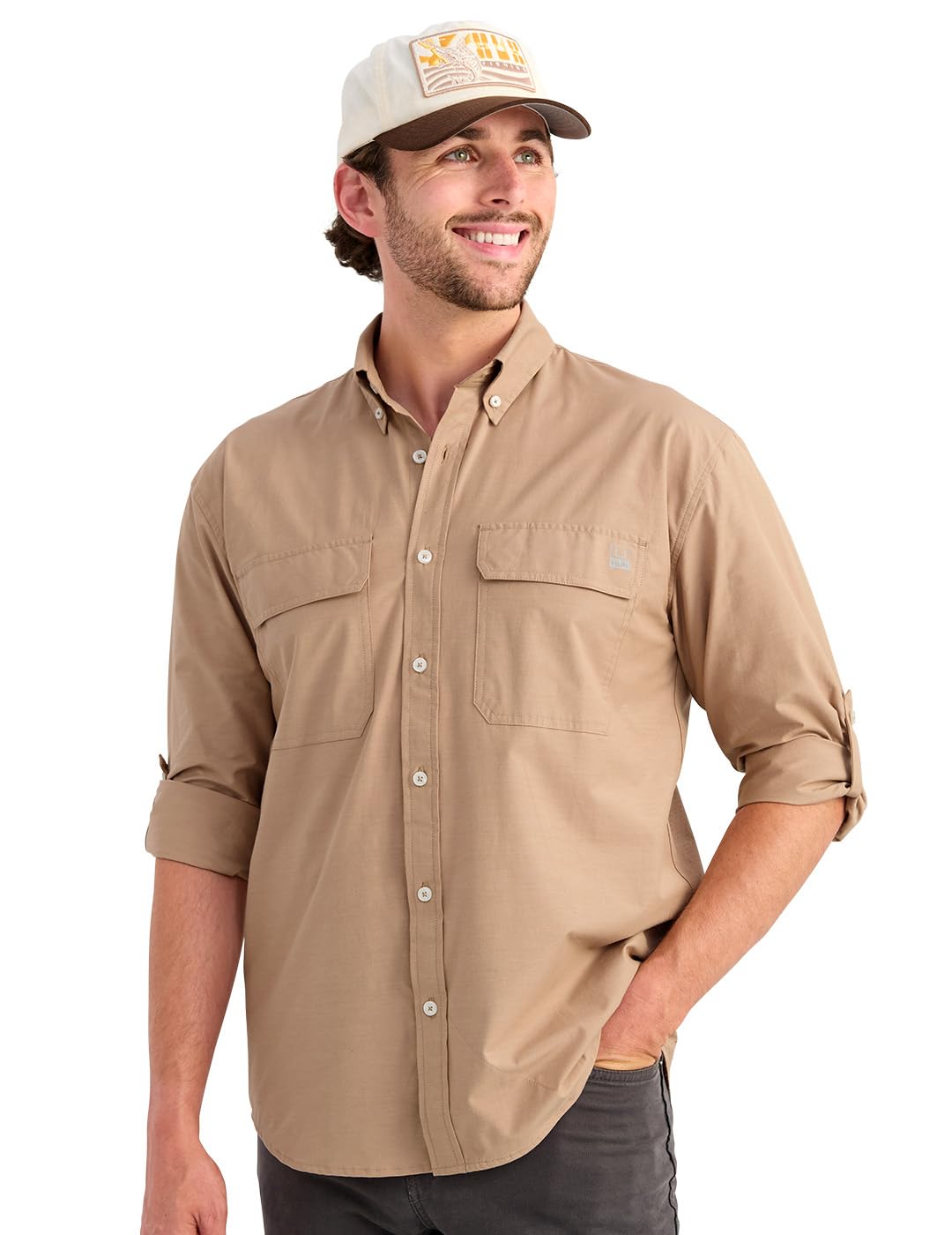 HUK Men's Next Level Solid Long Sleeve Fishing Button Down Shirt for Men