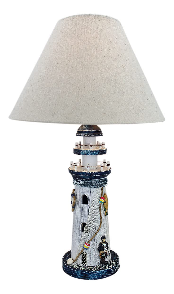 Leuchtturm Lampe 50cm Holz Schirm Textil 30/12 cm weiss-blau | Holz, Textilschirm