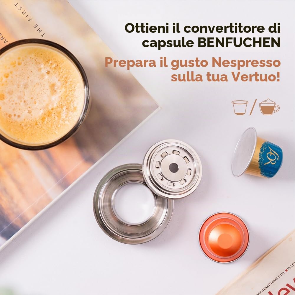 Adattatore per cialde di caffè riutilizzabile per Delonghi-ENV135, VertuoLine-GCA1, BENFUCHEN Supporto in acciaio inox per macchina Vertuo, preparazione del caffè al gusto originale Nespresso