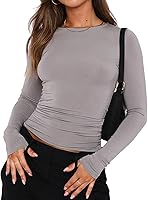 Vista 1 de Blusa corta básica casual para mujer, ajustada, manga larga, cuello redondo, color sólido, para otoño, camiseta ajustada Gris claro