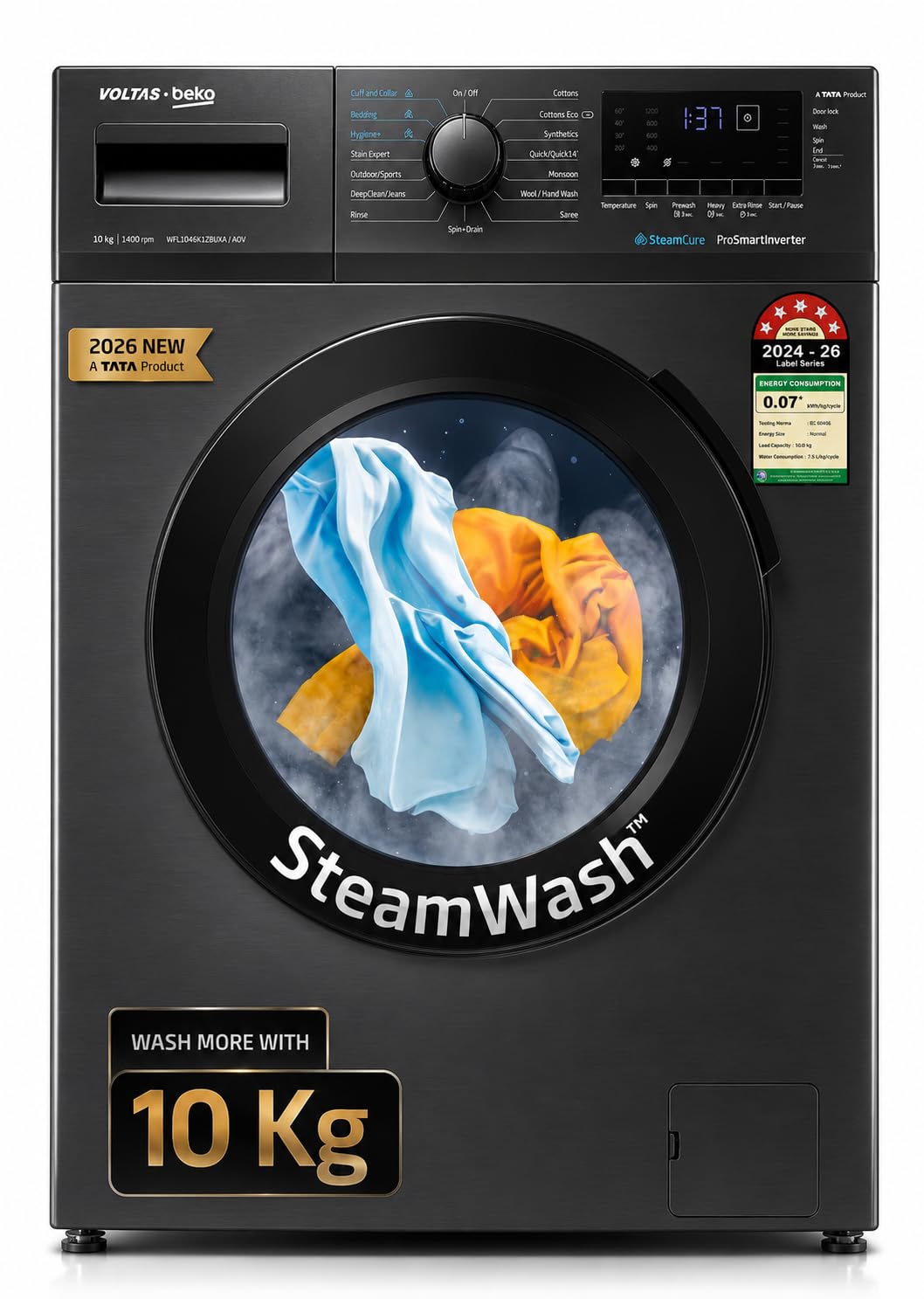 Voltas Beko, A Tata Product 10 Kg 5 Star Inverter Quick wash Fully-Automatic Front Loading Washing Machine (WFL1014B7JVBKA / AXV, Anthracite, In buit Heater/Hygiene steam)-image-21