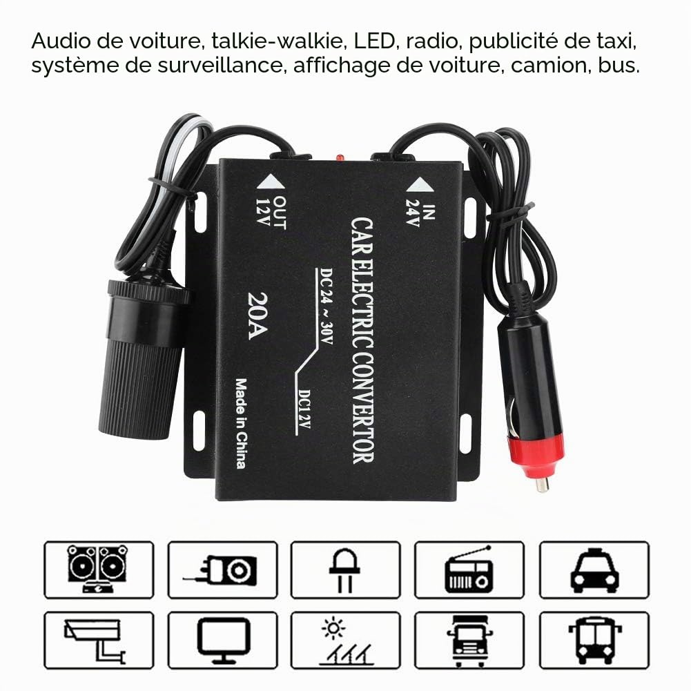 VOBOR Convertisseur de Puissance, 240W DC 24V à 12V Convertisseur d'alimentation Voiture, 20A Onduleur Transformateur avec Allume Cigare Prise Electrique