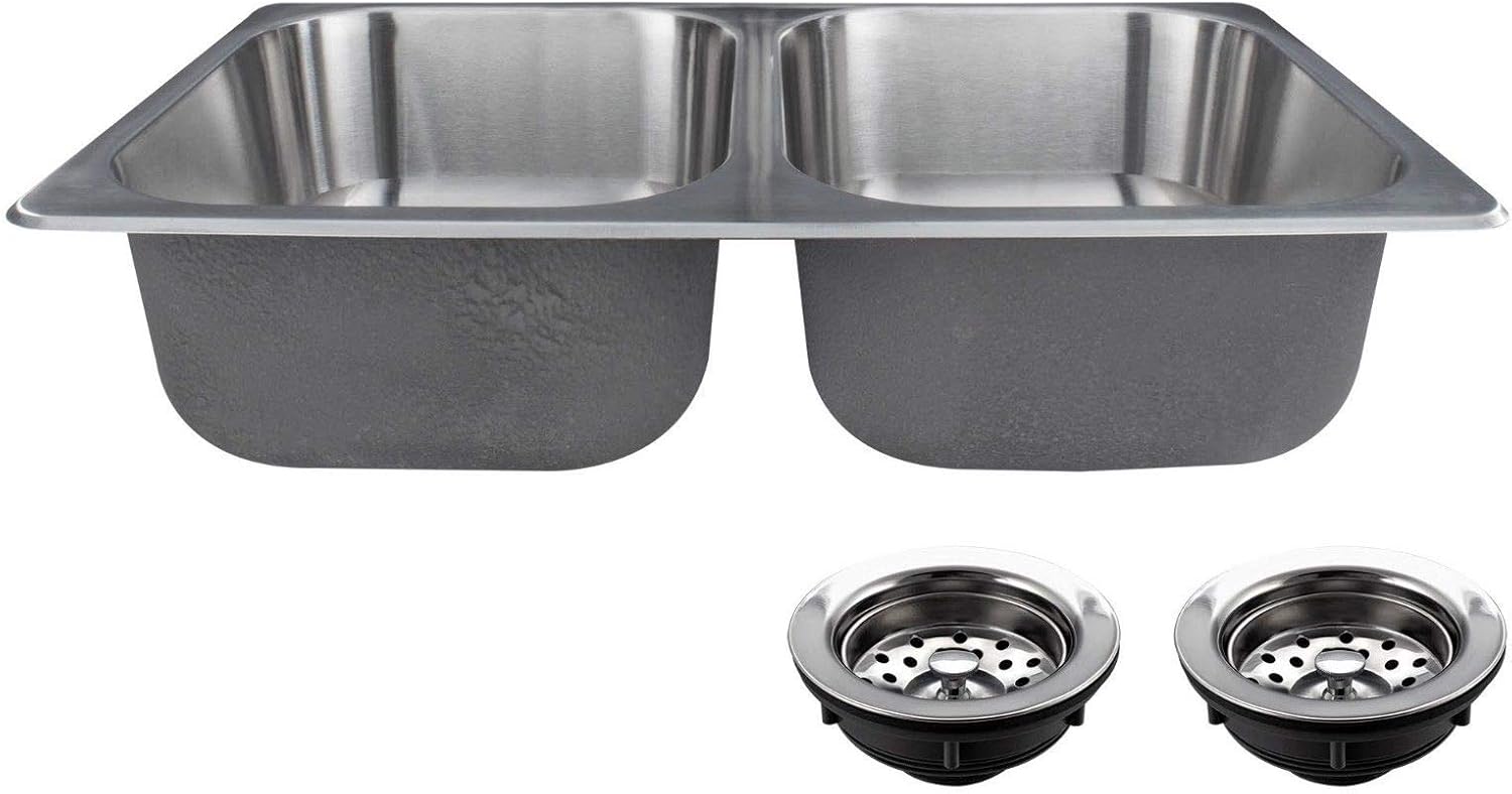 RecPro RV Double Bowl Kitchen Sink | 27" x 16 x 7" | Stainless Steel (With Strainers)