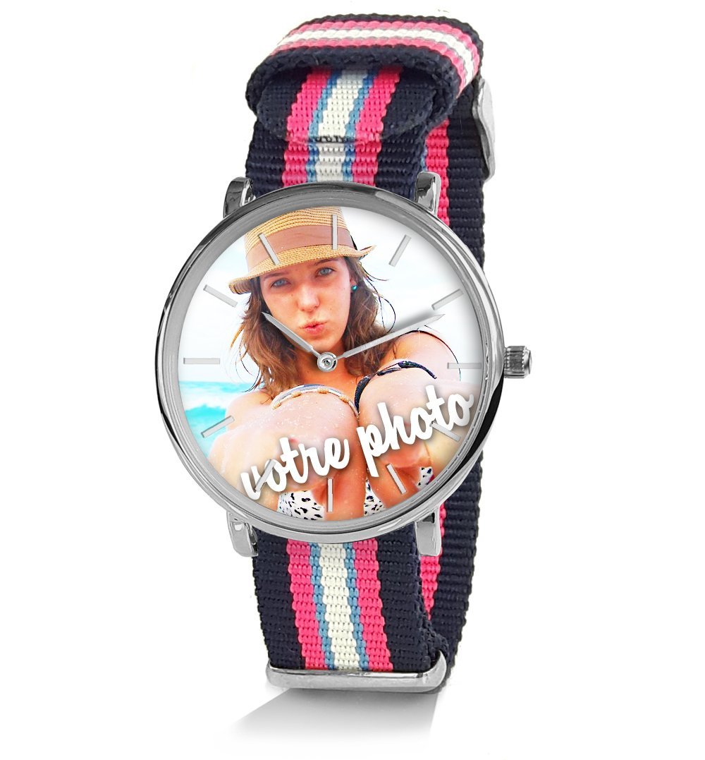 Reloj personalizado con una foto, un Texto. Reloj unisex para hombre o mujer. Regalo personalizado pulsera trenzada NATO a rayas, colores modernos. Regalo para el día del padre, Modelo mixto Ø: 38