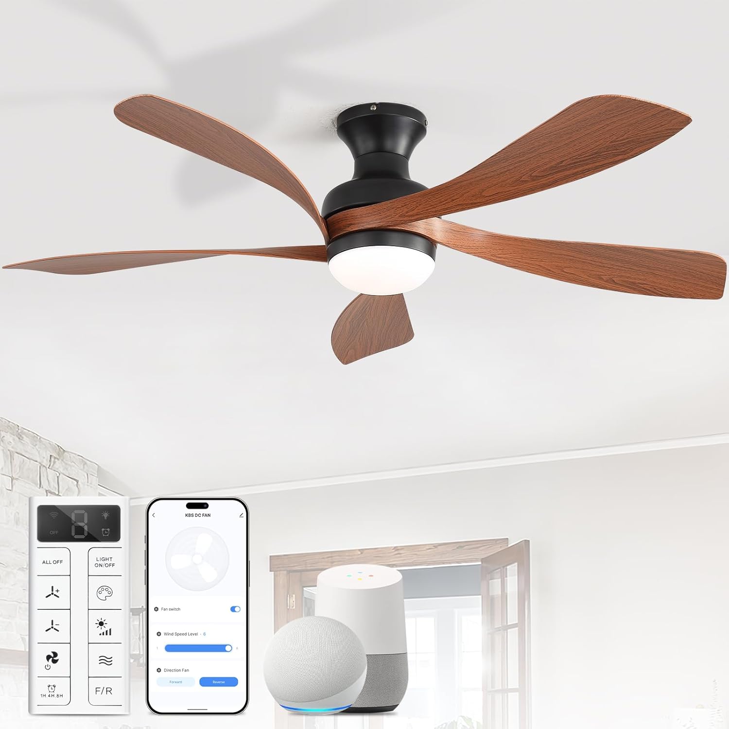 Sofucor Smart 52” Low Profile Ceiling Fan with Lights and Remote, Flush Mount Ceiling Fan Work with APP/Alexa/Google for Farmhouse Bedroom Living Room Patio, Dimmable LED Quiet Reversible DC Motor