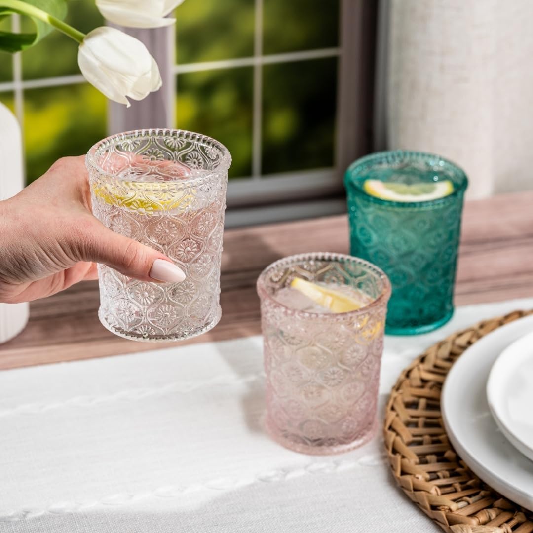 Cameo Clear Vintage Drinking Glasses Set of 4 Vintage Glassware with Engraved Flower Cup 9 oz Lead-Free Old Fashioned Cocktail Glasses Dishwasher Safe Drink Tumbler Whiskey Glasses Cups