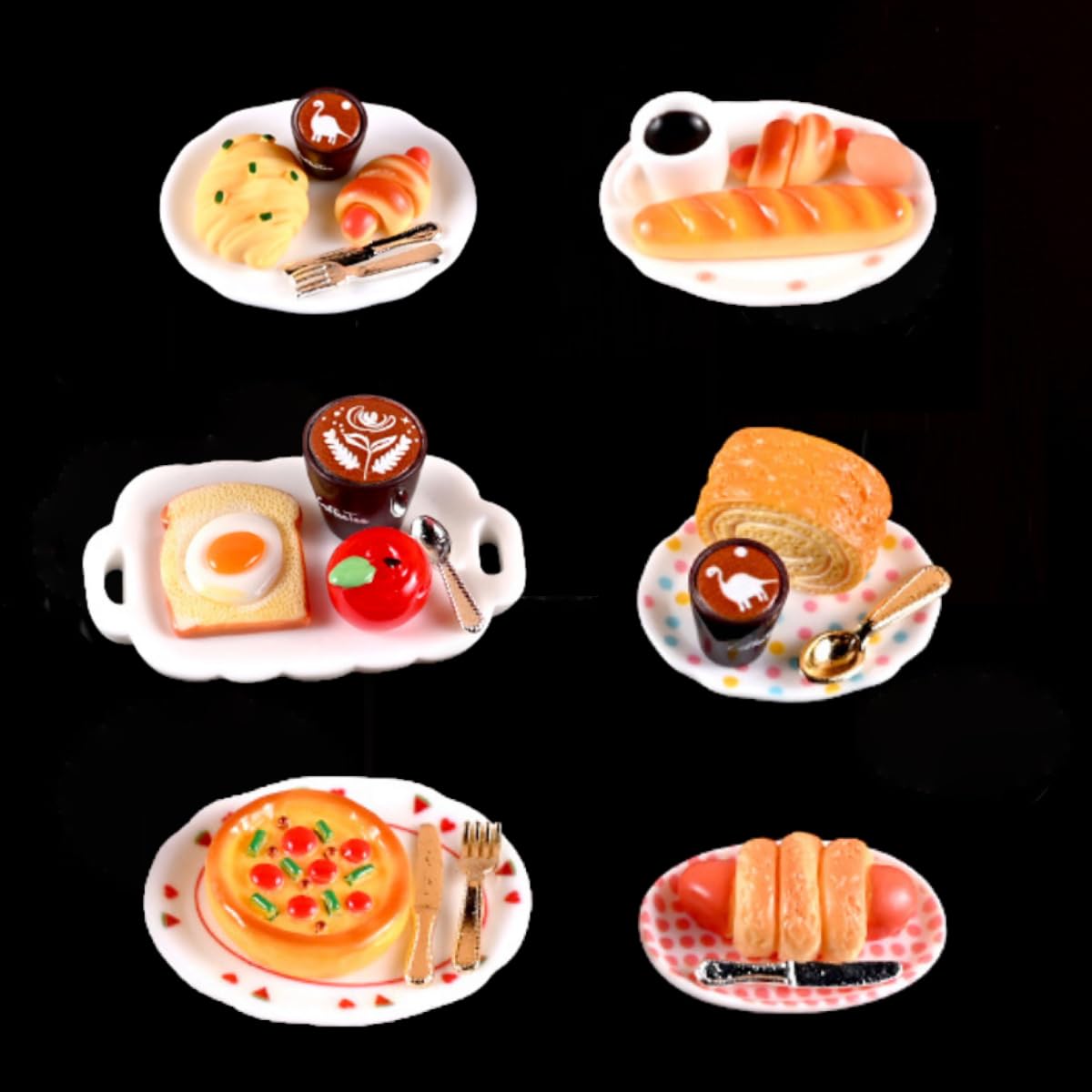 KARLOR 27 Pieces Mini Coffee Bread Set with Plates and Spoons, Miniature Cake Pizza Toast Sausage Bread Ham buns Apple Latte Dessert Mini Food Drinks Miniatur Scene Decoration (Breakfast Set)