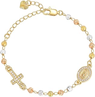 Gold Rosary Bead Cross Bracelet - 14k Gold Plated Virgin Mary Bracelets,Non Tarnish Golden Religious Rosarios Catolicos Virgen de Guadalupe Jewelry,Catholic Confirmation Baptism Gifts for Women
