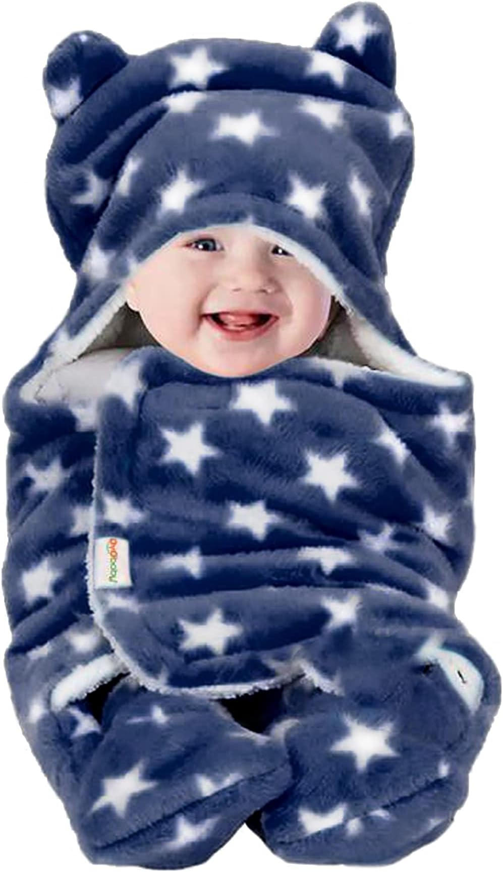 - OYO BABY Ultra-Soft Baby Swaddle Wrap Blanket with Hood & Booties – Warm Fleece Sleeping Bag for Newborns (0–6 Months 72 * 68 cm) – Star Print, Dark Blue