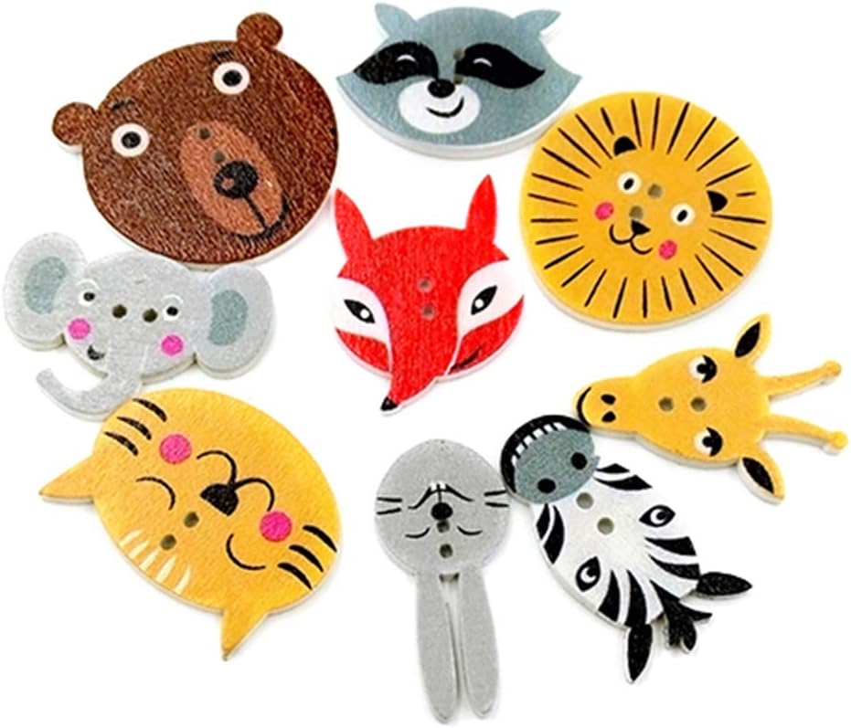 shyymaoyi Mixed Animal Cat, Fox, Lion, Raccoon, Giraffe, Rabbit, Elephant, Zebra, Bear Shape 2 Holes Wooden Buttons DIY Sewing Hand Craft Scrapbook Decor 50pcs