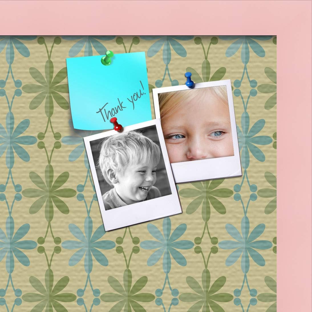 ArtToFrames 16x16 Inch Custom Cork Bulletin Board. This Floral Design in Blue and Green Pin Board Has a Fabric Style Canvas Finish, Framed in Baby Pink on Beech (PinPix-551-16x16_0066-81792-YPNK)