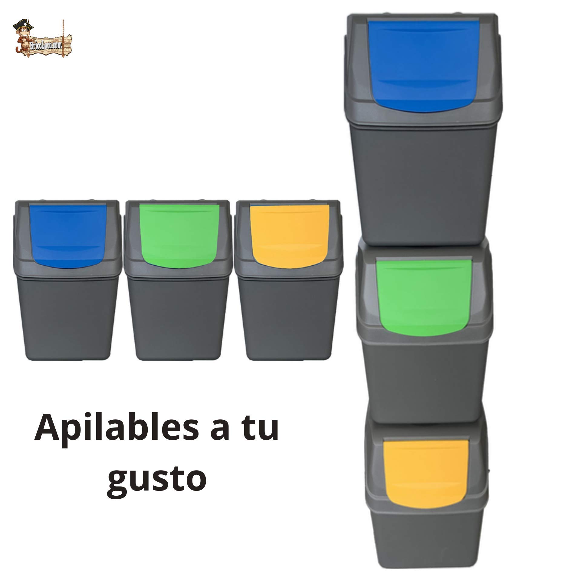 BricoLoco. Cubo basurero Vertical Reciclaje en Color Gris 60 litros. Cubo para Reciclar Papel, Vidrio y plástico.