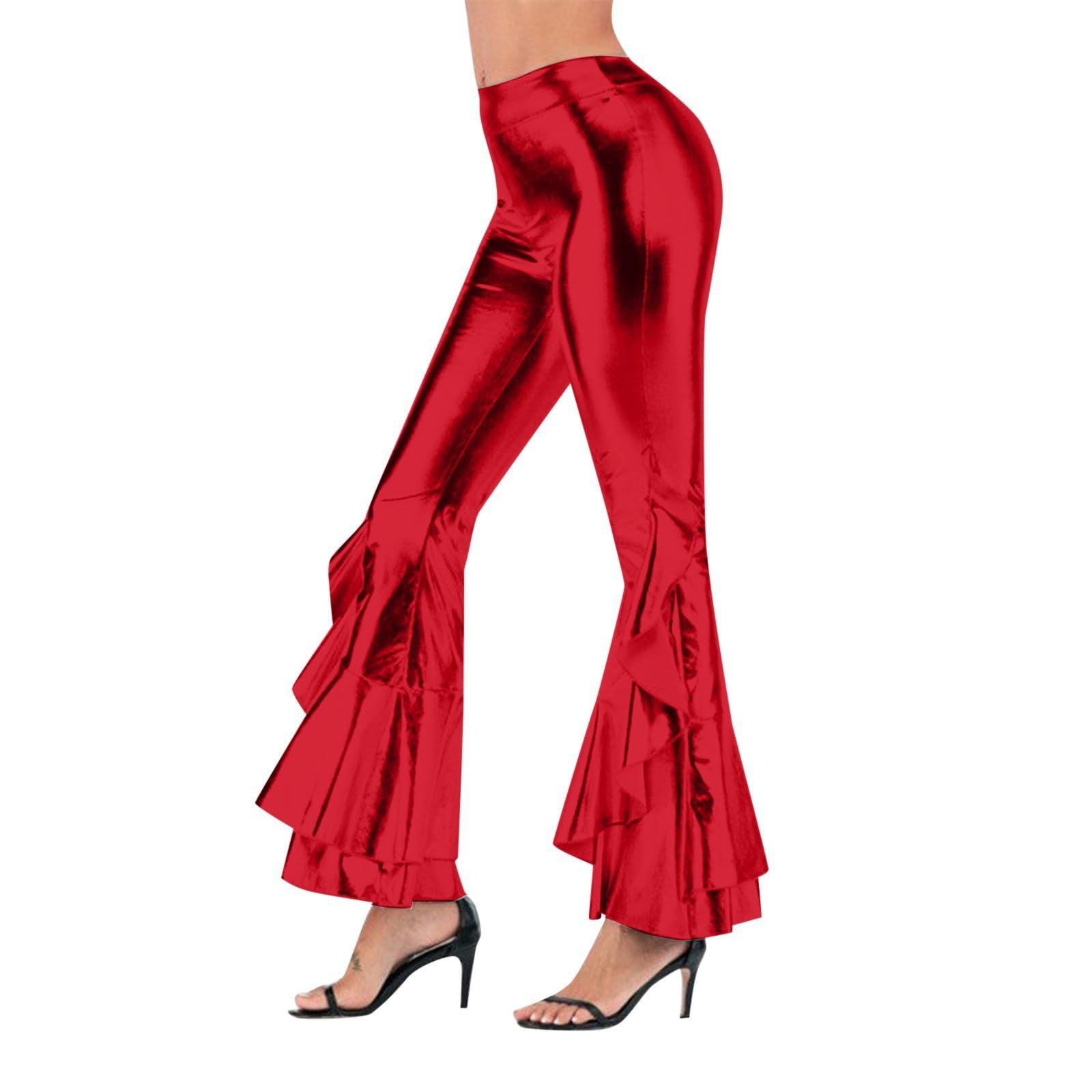 Flare Trousers Shiny Metallic Faux Leather Leggings Women High Waisted Ruffled Bell Bottom Pants Retro Disco Style for Festival Performance Party Wear Figure Rave Outfits Clubbing 3XL Red
