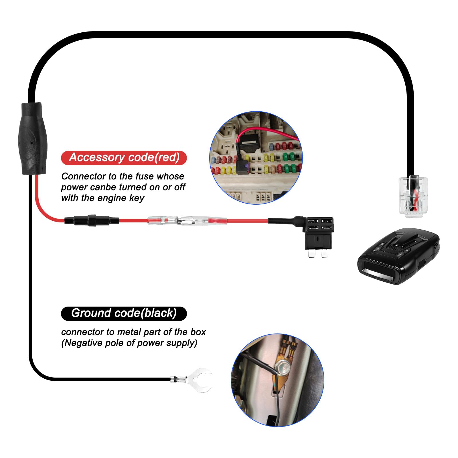 XMSJSIY Kit de cableado Duro del Detector de Radar rj11 Kit de Cable Directo Detector de Radar localizador GPS a Bordo Conectado rápidamente, con 4 Cables de alimentación de fusibles - 13ft / 4M
