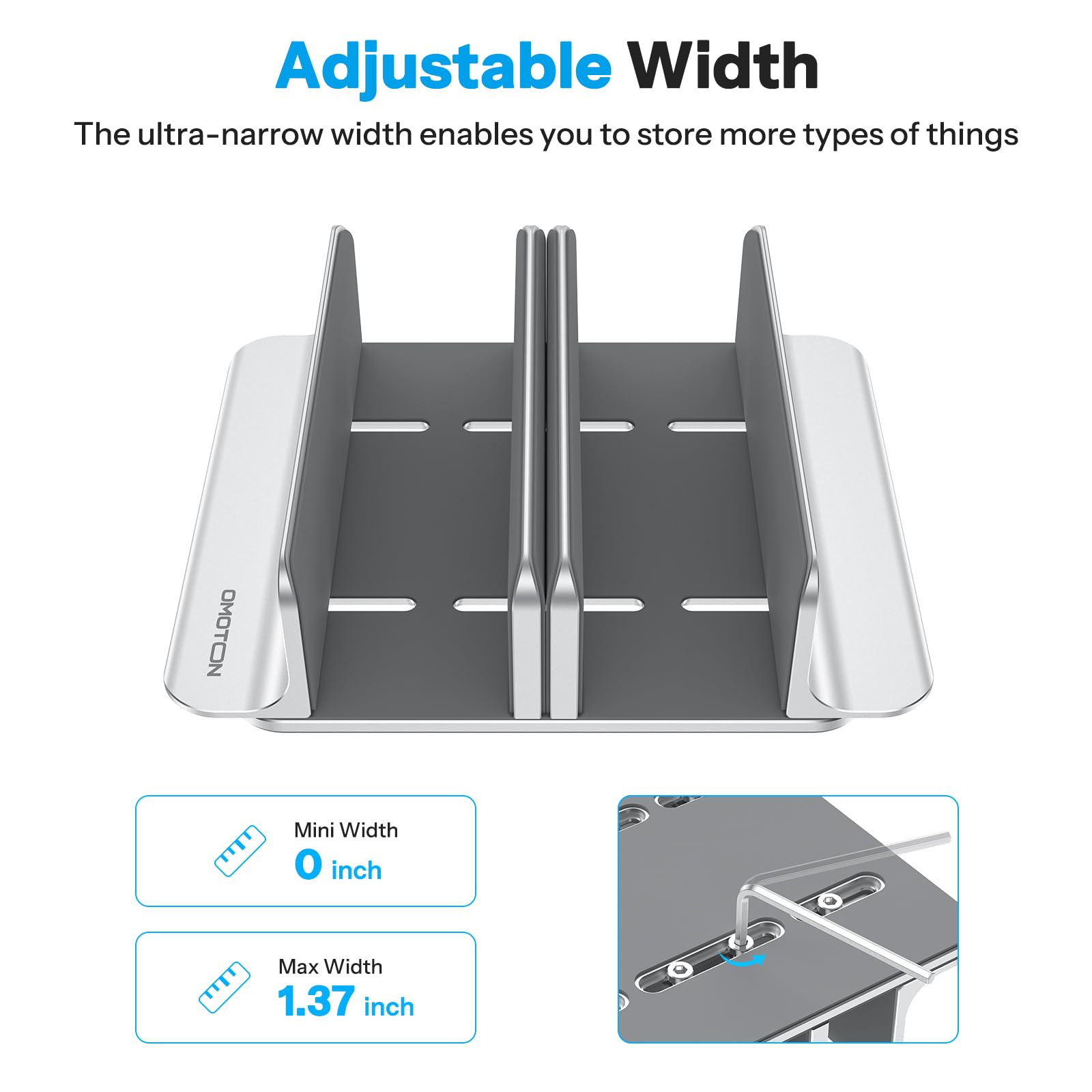 OMOTON Support Vertical pour Ordinateur Portable à 3 Emplacements, Support de Bureau en Aluminium, Dock Réglable, Compatible avec MacBook et Tous Les Ordinateurs Portables (jusqu'à 17,3''), Argent