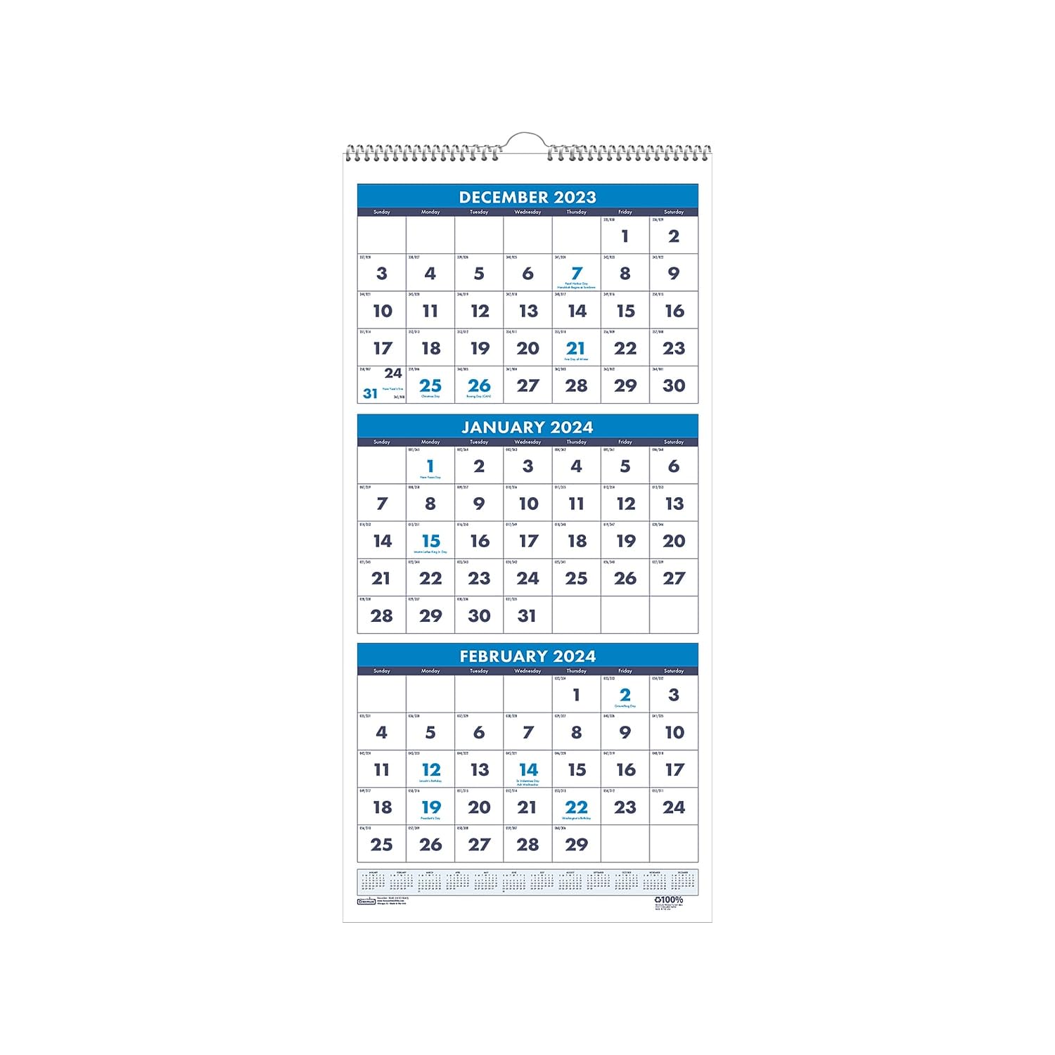 House of Doolittle Wandkalender 2024, Drei-Monate-Vertikal, 31 x 66 cm, Dezember - Januar (HOD3640-24)