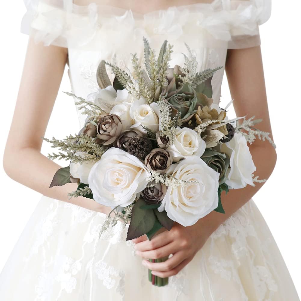 Bridal Wedding Bouquet, Artificial Silk Bride Bridesmaid Vintage European Rustic Style Satin Silk Roses Wedding Fake Flower for Home Party Prom Wedding Decorations (Cream)