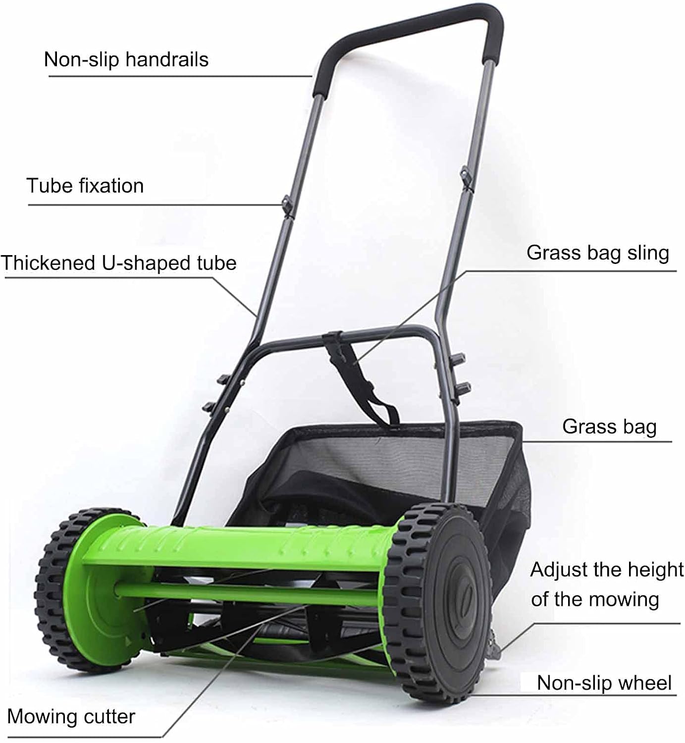 Hand Push Reel Mower, Manual Lawn Mower with Collection Bag, 4 Position Height Adjustment, Lightweight Walk-Behind Lawn Sweeper,12inch, Green