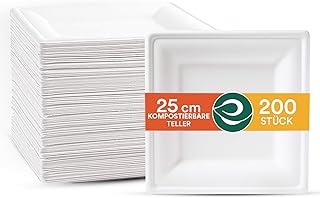 ECO SOUL Pearl White Square 10” (25cm) Bagasse Pappteller (200 Stück) Einweggeschirr und 100% Kompostierbares, Umweltfreundlich Partygeschirr, Robust Campinggeschirr, Mikrowellen- und Ofenfest