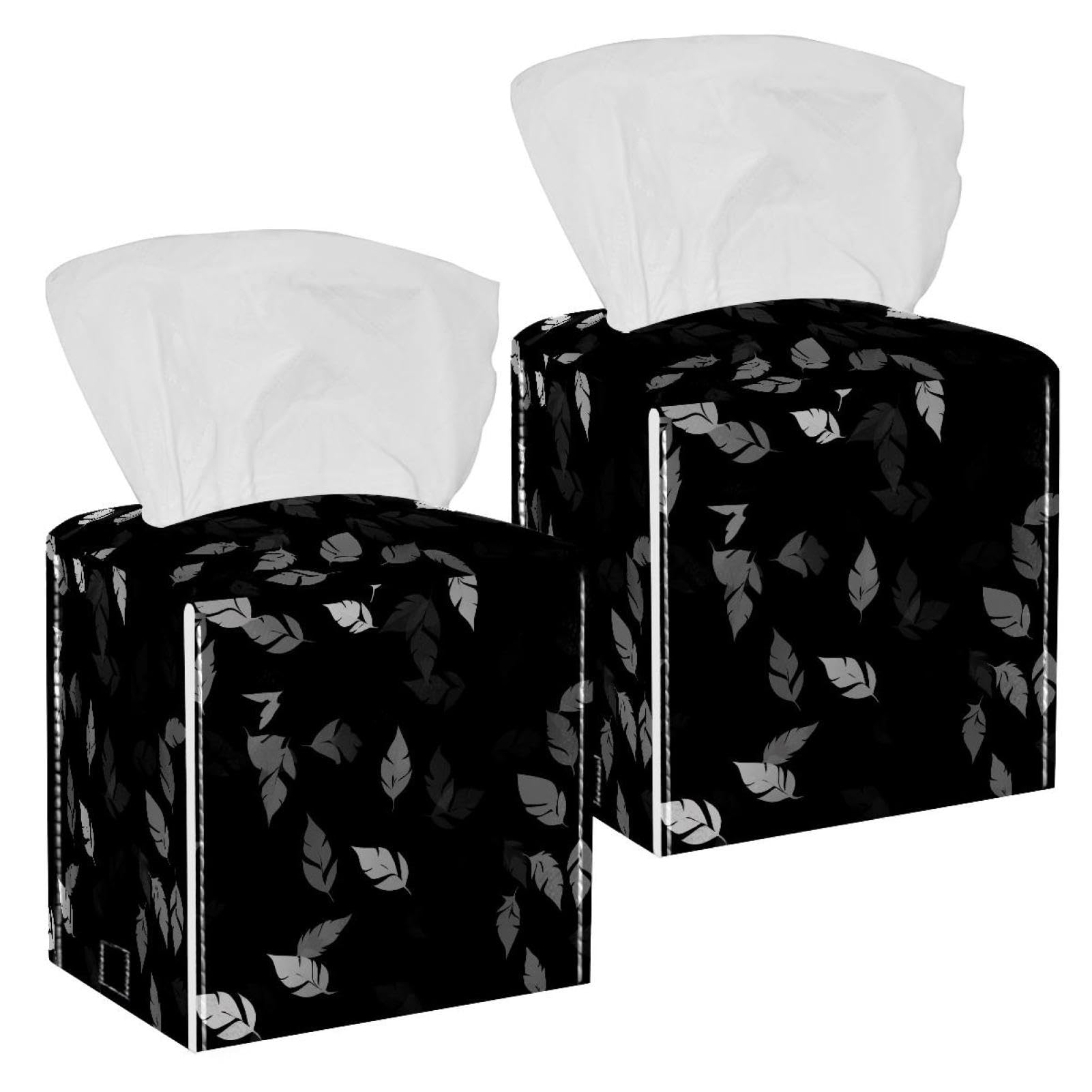 Artistic Leaves Tissue Box Cover, 2 Pack PU Leather Square Facial Tissue Dispenser Box holder for Home Office Car