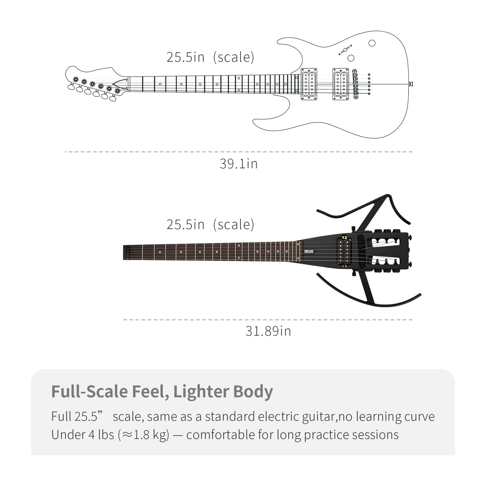 Reise E Gitarre – Volle Größe, ultraleicht (wiegt nur 1,8 kg), 100 % Ahorn, digitales Stimmgerät, Gitarrentasche, Ständer, geeignet für Linkshänder und Rechtshänder, Schwarz