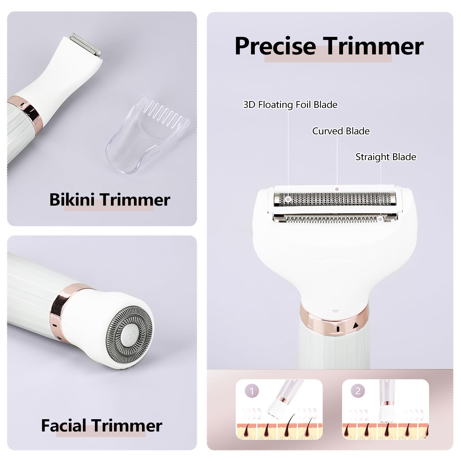 Maquinilla de afeitar eléctrica 5 en 1 para mujer, removedor de vello facial sin dolor, recortadora de bikini recargable para mujer, maquinilla de afeitar facial húmeda/seca para cara, nariz, cejas,