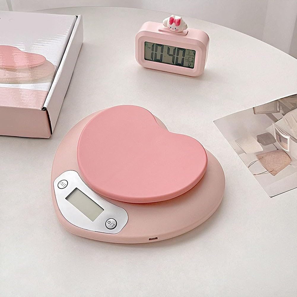 Zilimontt Bilancia da cucina ad alta precisione, design elegante e compatto, display LCD a forma di cuore rosa, bilancia digitale da cucina con funzione tara, accessori da cucina