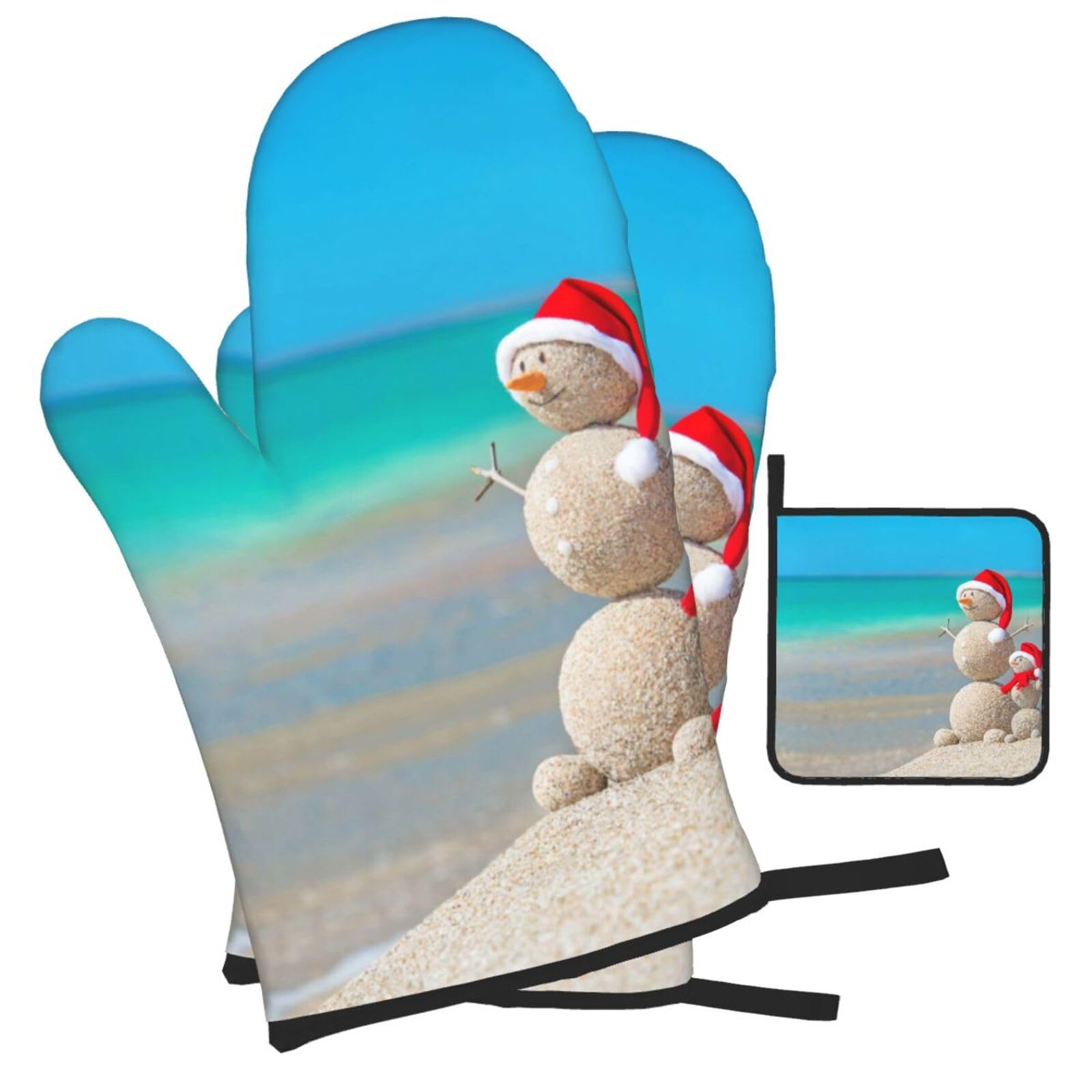 Snowman Seashells Sandy Beach Printed Oven Mitts and Pot Holders Heat Resistant Set of 3 Pcs, Modern Kitchen Gloves & Potholders for Cooking Baking Grilling
