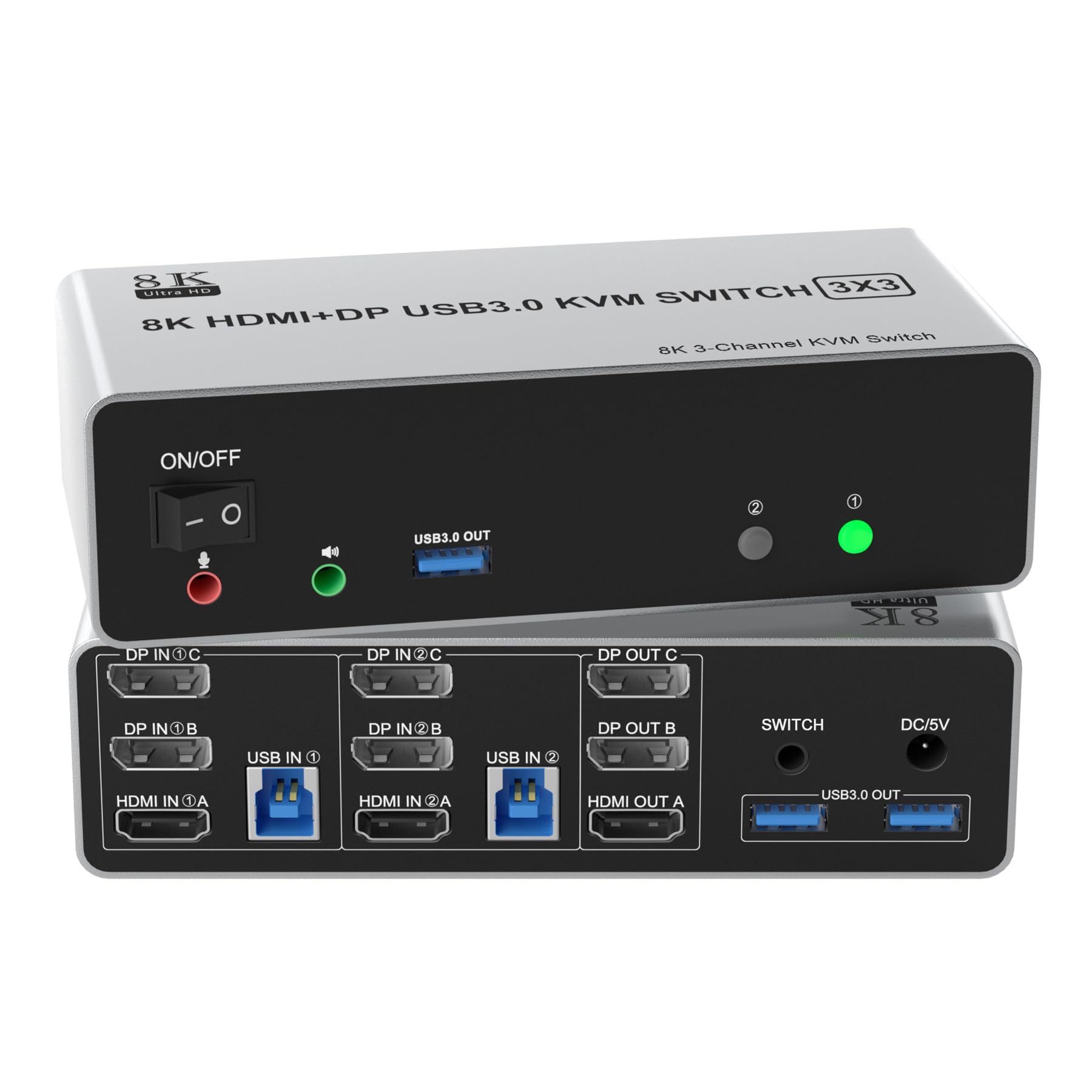 8K@60Hz KVM Switch 3 Monitors 2 Computers 4K@144Hz, HDMI+2 Displayport KVM Switch Triple Monitor for 2 Computer Share 3 Monitor, Audio Mic Port and 3 USB3.0 Devices, Wired Remote and 5V Power Adapter