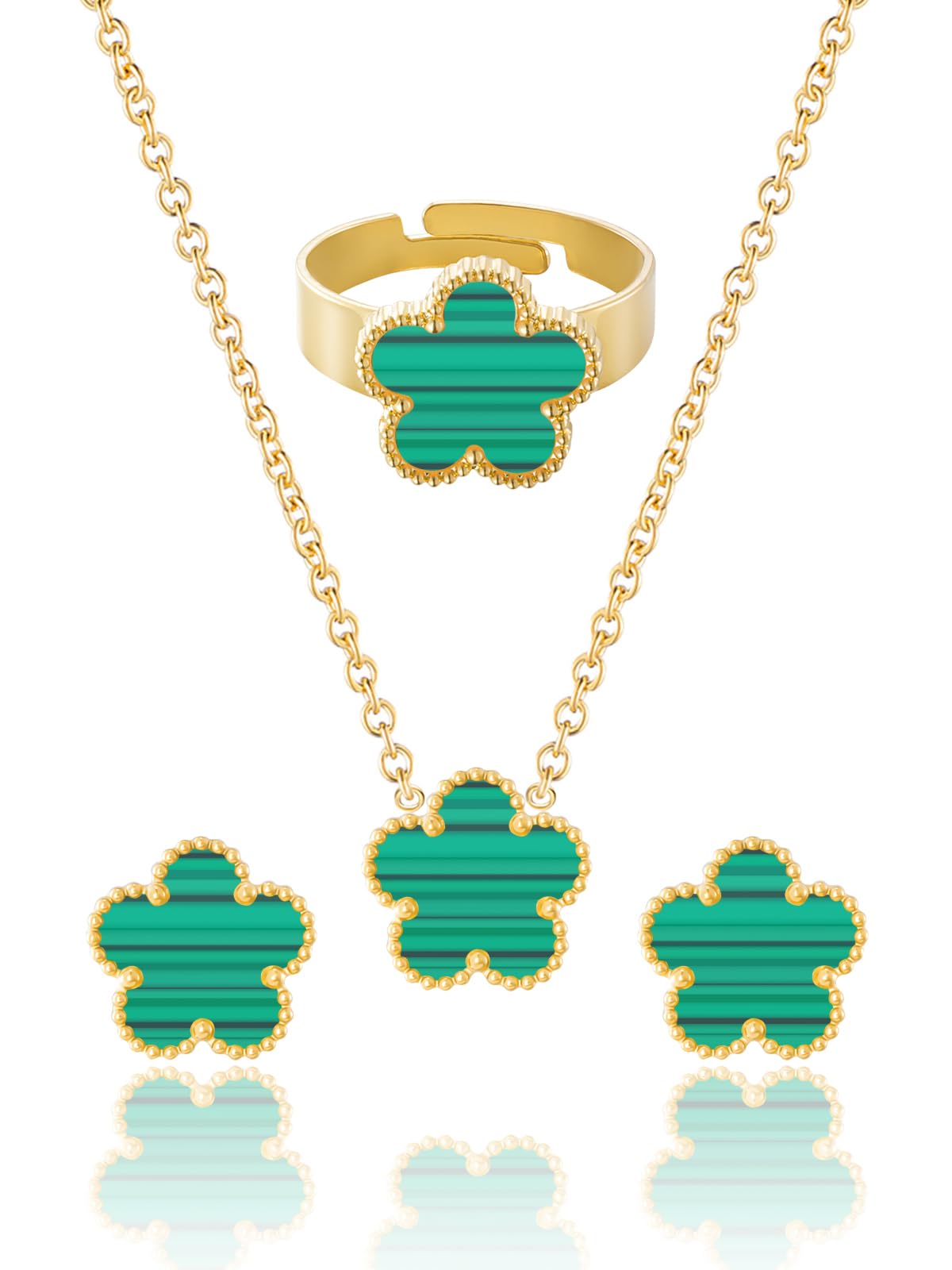 Gold Plated Five Leaf Clover Necklace Rings and Stud Earrings Set for Women Lucky Flower Jewelry