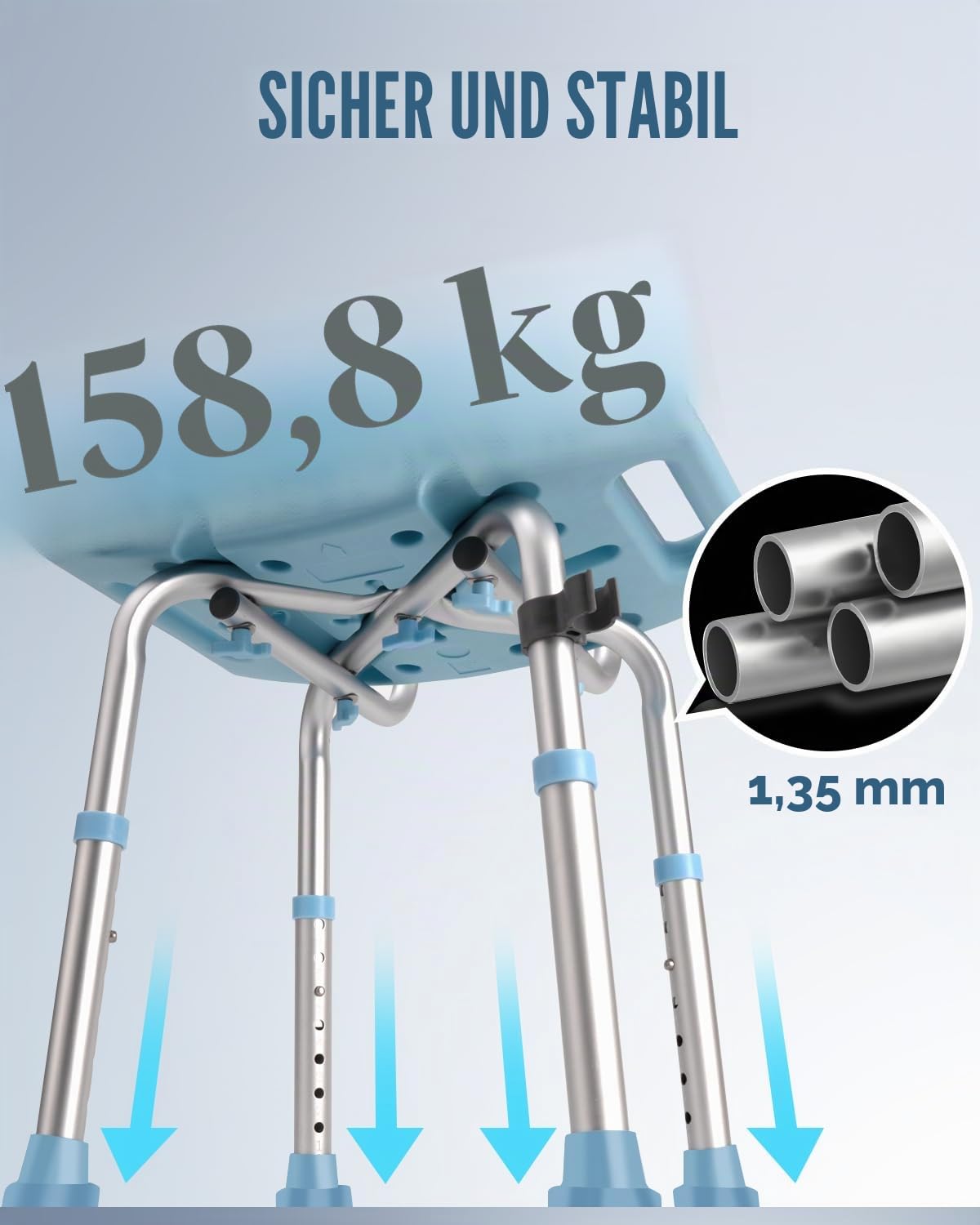Duschhocker mit Abnehmbarer Rückenlehne, Duschstuhl für Senioren 150KG Belastbar, Höhenverstellbar 34-50cm, Aluminium Duschsitz, Badestuhl, Badehocker für Badewannen