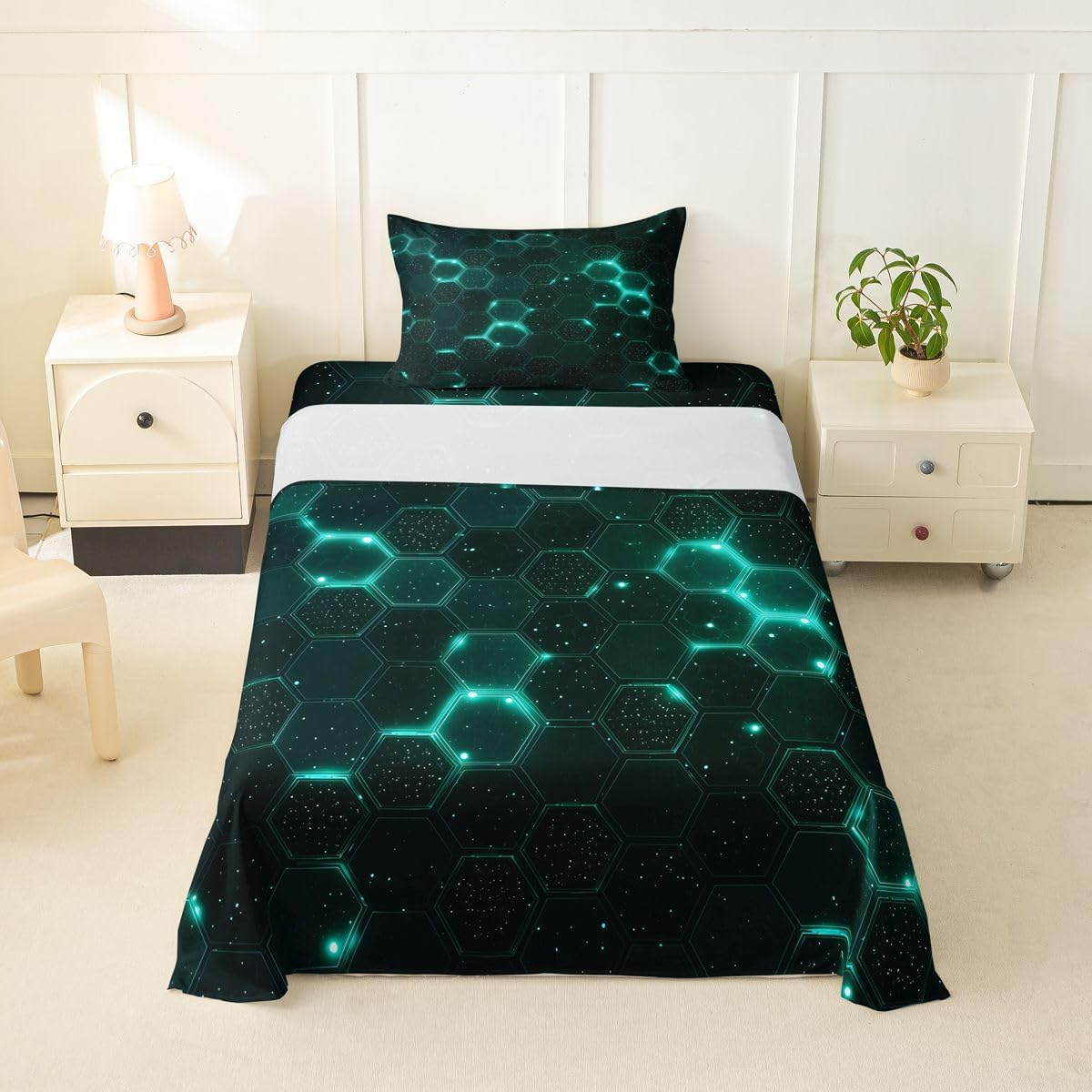 Erosebridal Abstract Geometric Sheet Set Neon Green Vein Crack Twin Sheets Set for Toddler Boys,Lava Texture Vibe Chic Geometric Cubes Fitted Sheet